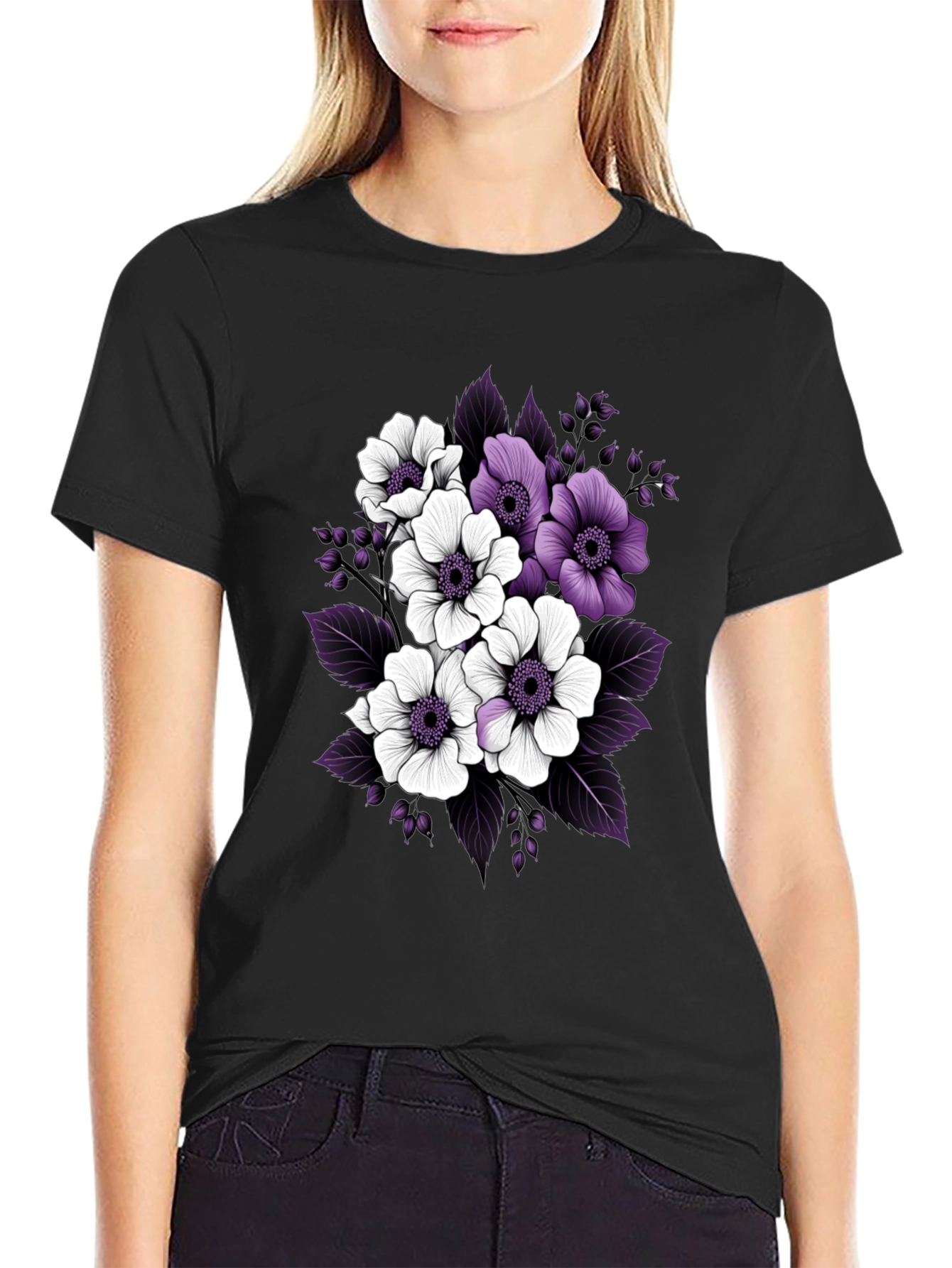 Floral Black T-Shirt with Purple and White Flowers
