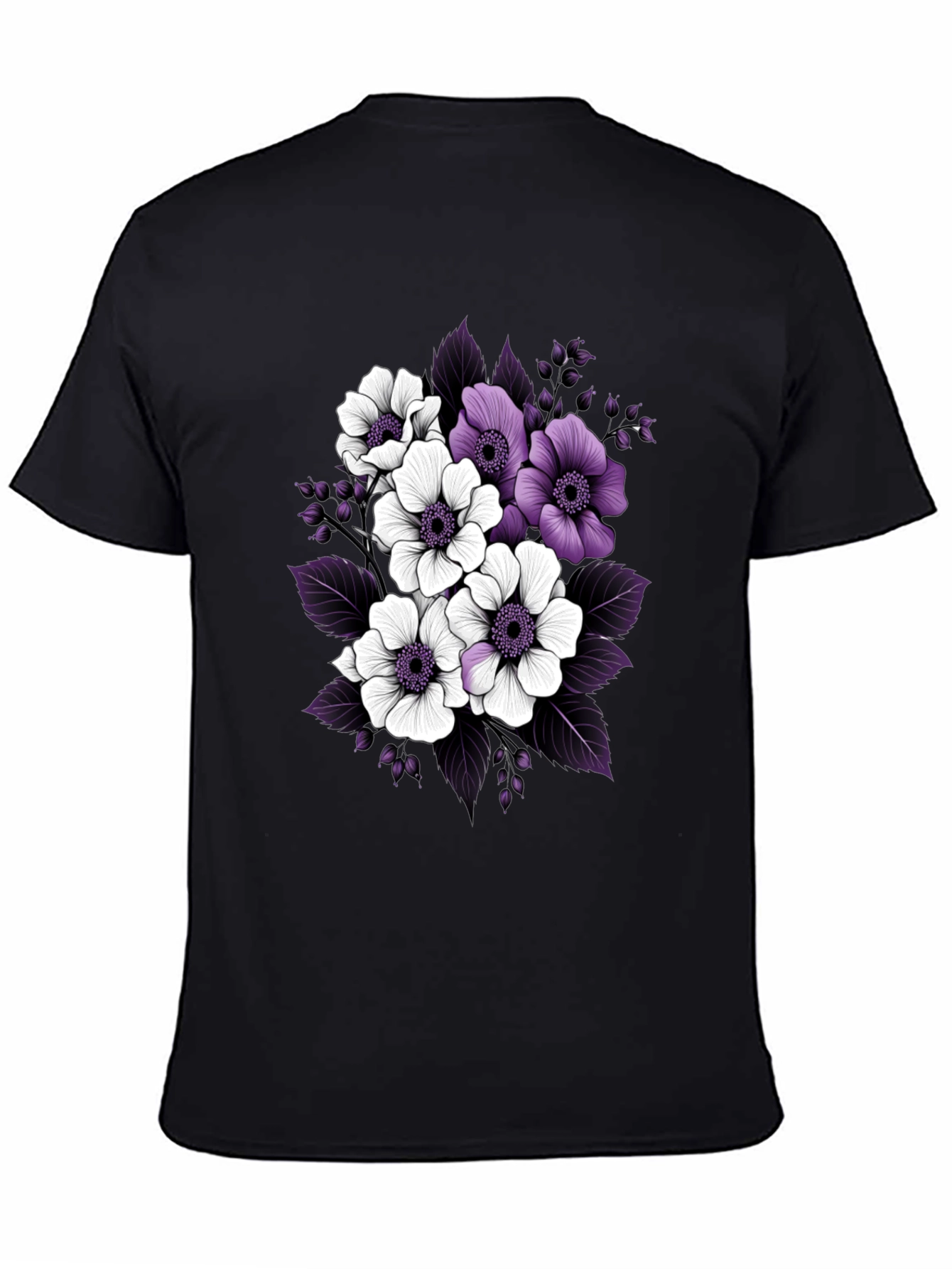 Floral Black T-Shirt with Purple and White Flowers