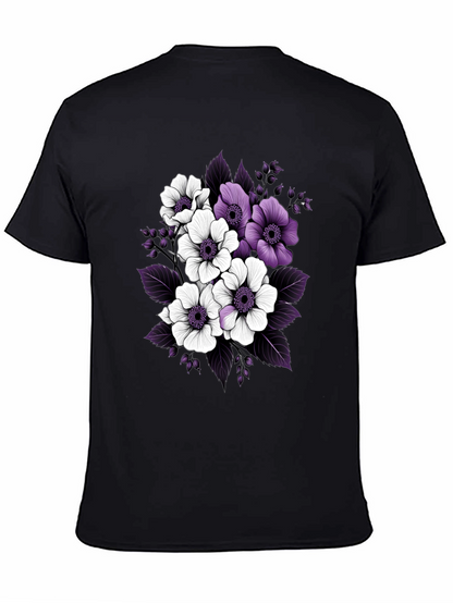 Floral Black T-Shirt with Purple and White Flowers
