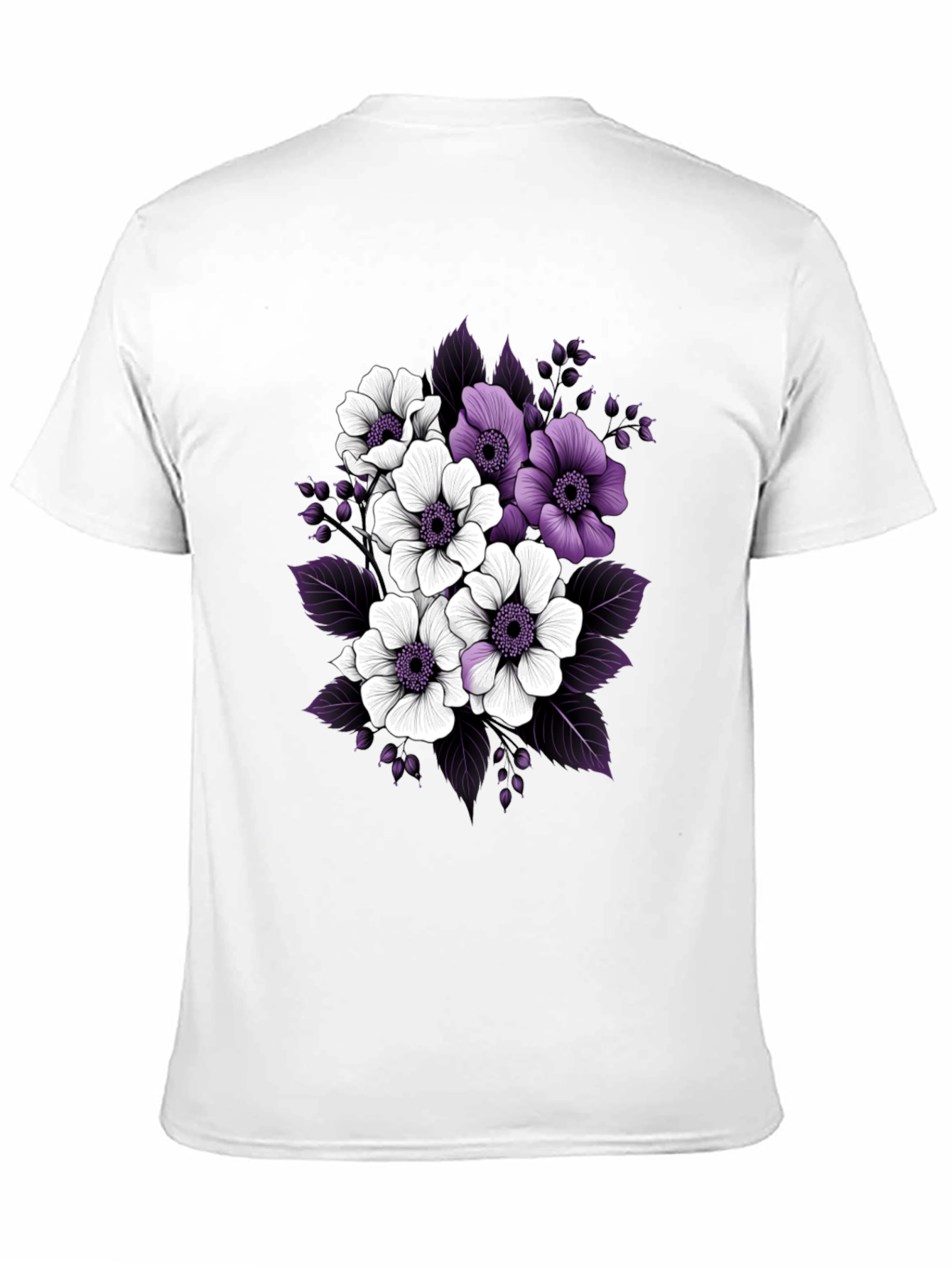 Floral Black T-Shirt with Purple and White Flowers