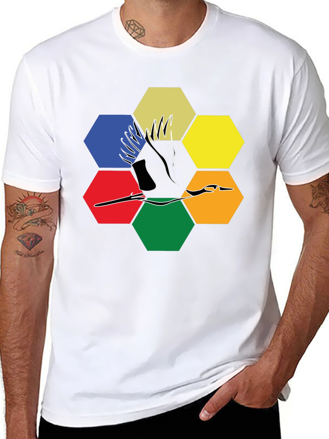 Abstract Crane Hexagon T-Shirt - Modern Graphic Tee