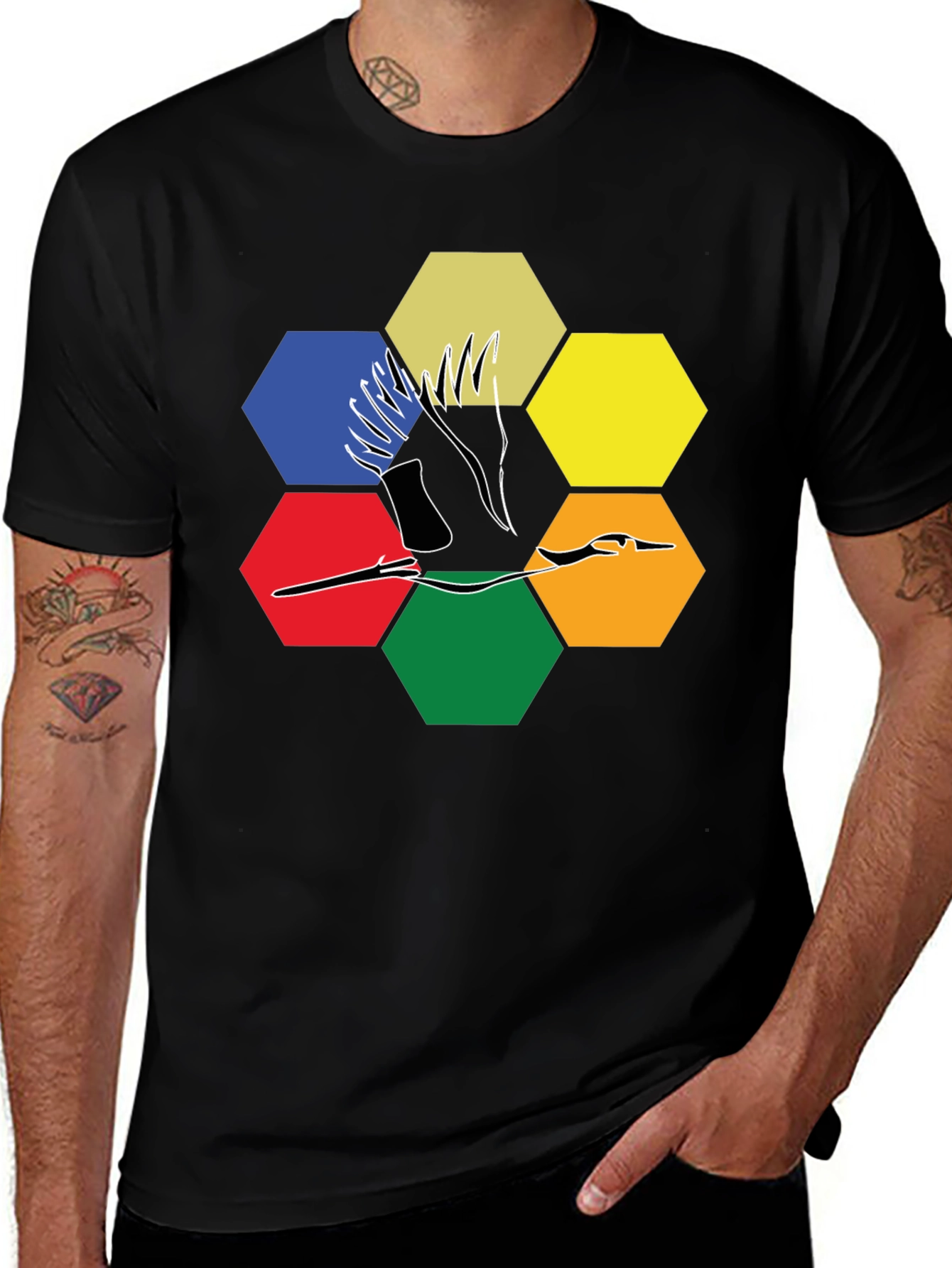 Abstract Crane Hexagon T-Shirt - Modern Graphic Tee
