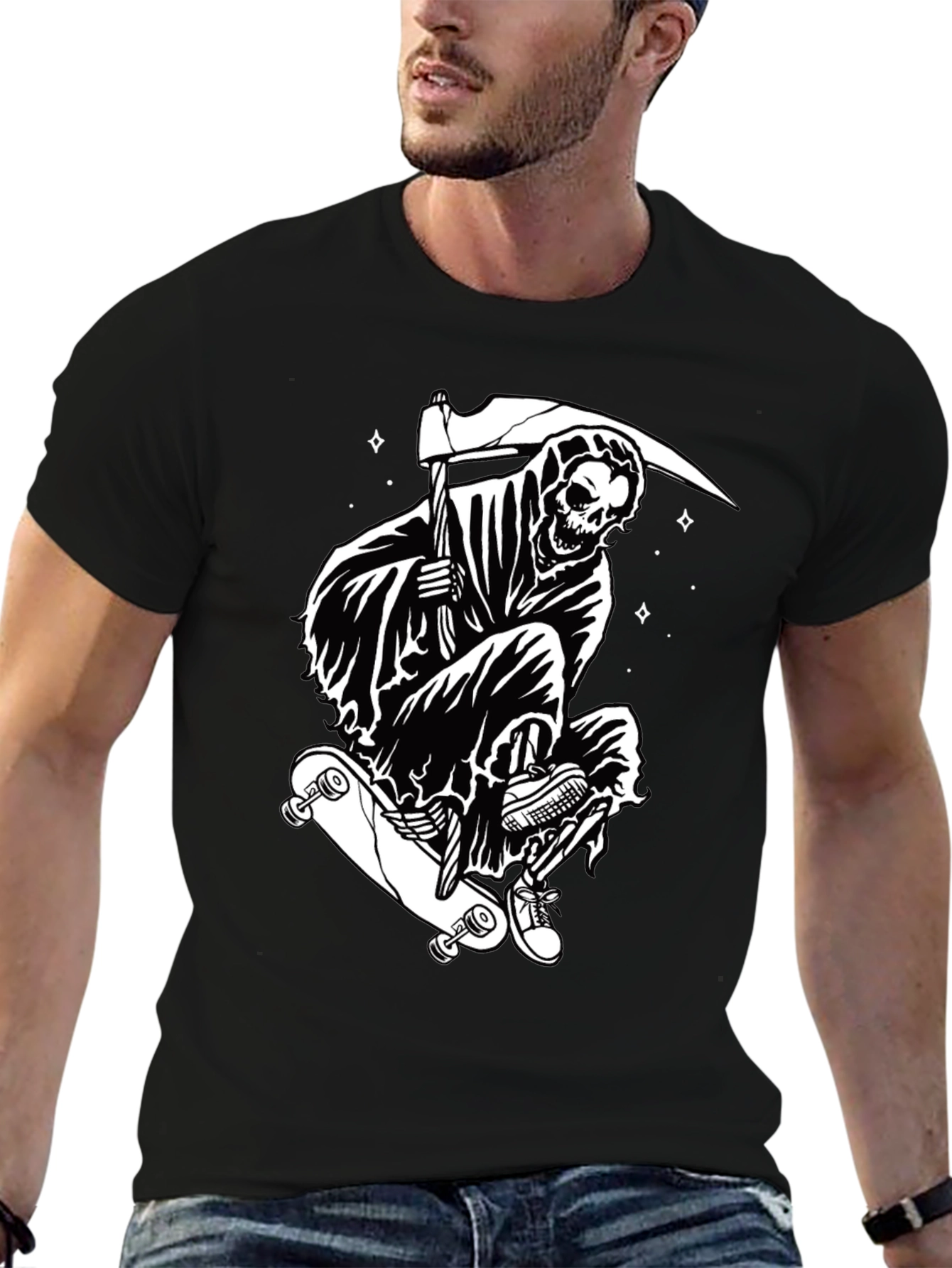 Skateboarding Grim Reaper Graphic Tee - Black