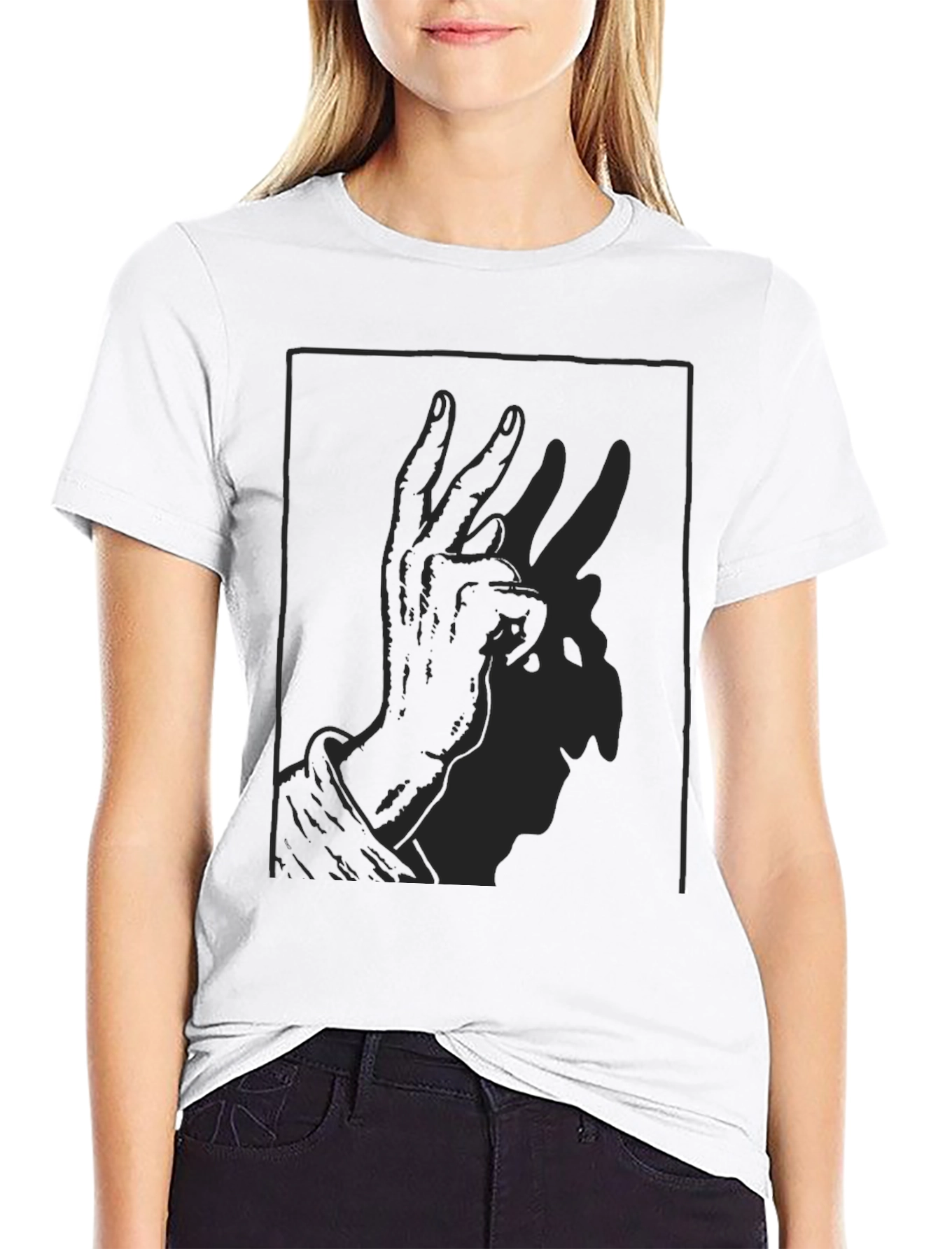Shadow Rabbit Hand Gesture Black T-Shirt