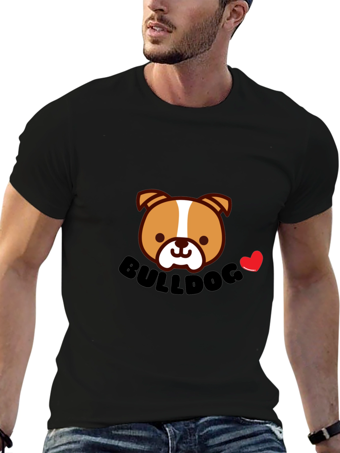 Cute Bulldog Cartoon Graphic Tee - Black Cotton T-Shirt