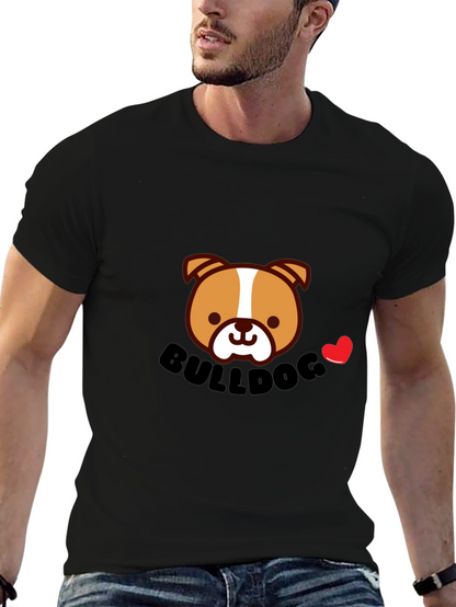 Cute Bulldog Cartoon Graphic Tee - Black Cotton T-Shirt