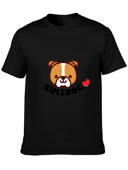 Cute Bulldog Cartoon Graphic Tee - Black Cotton T-Shirt