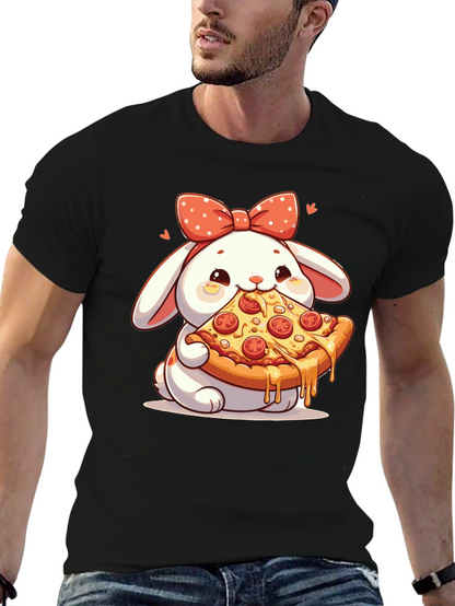Cute Bunny Pizza Lover Black T-Shirt