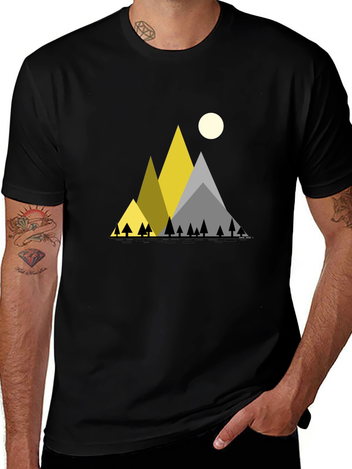 Geometric Mountain Scene Black T-Shirt