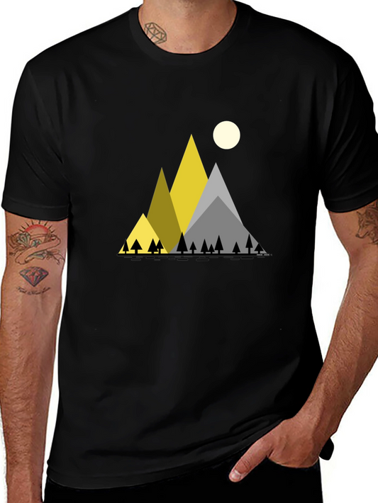 Geometric Mountain Scene Black T-Shirt