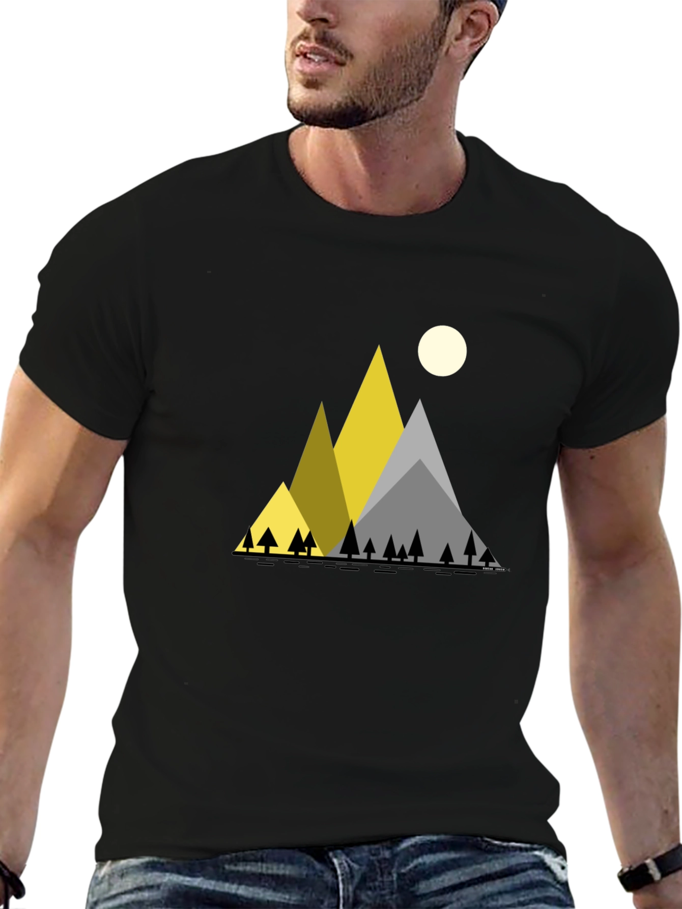 Geometric Mountain Scene Black T-Shirt