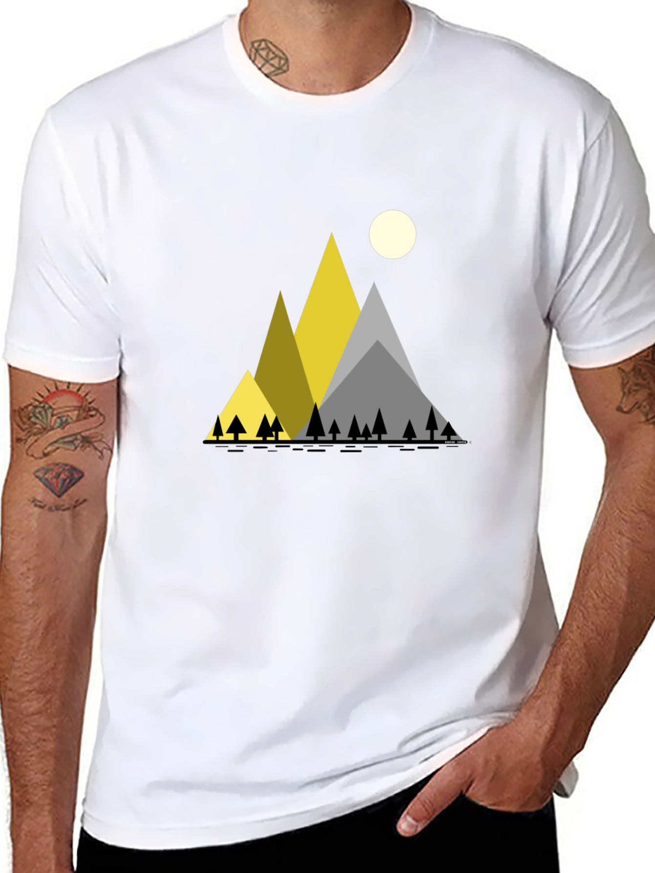 Geometric Mountain Scene Black T-Shirt