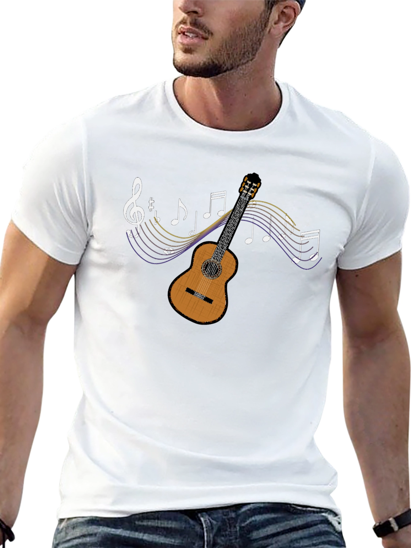 Guitar and Music Note Graphic Tee - Black