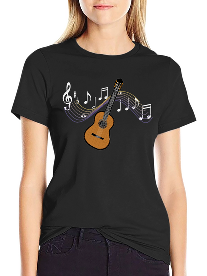 Guitar and Music Note Graphic Tee - Black