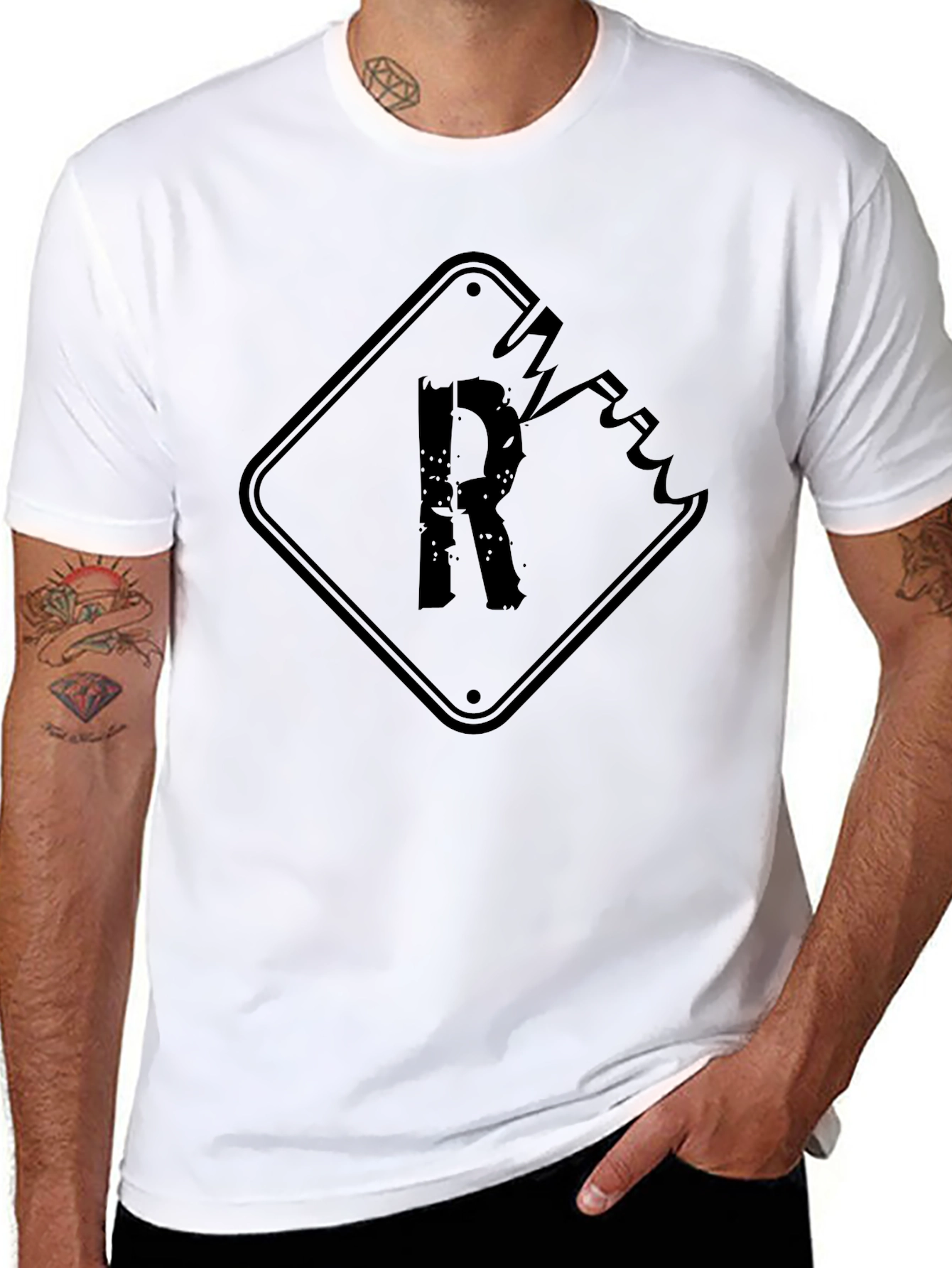 Distressed R Graphic Tee - Black Cotton T-Shirt