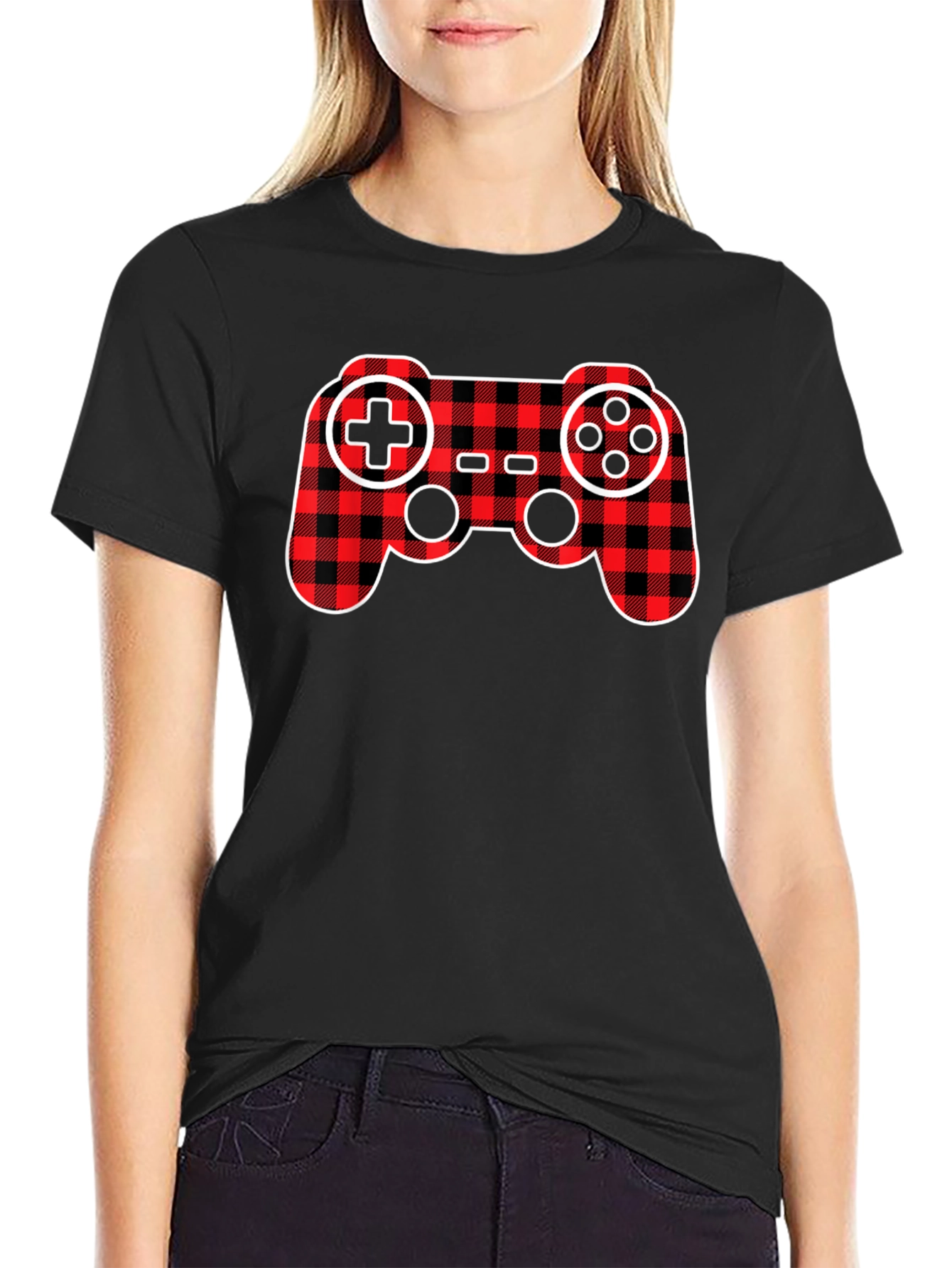 Plaid Game Controller Black T-Shirt