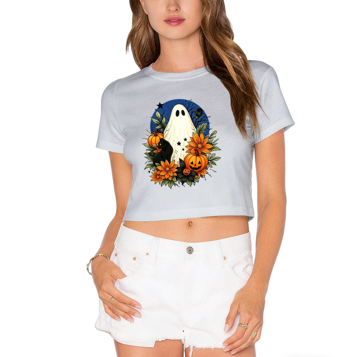 Floral Ghost Black Cat Spooky Halloween Cropped T?Shirt