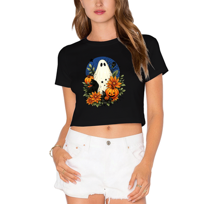 Floral Ghost Black Cat Spooky Halloween Cropped T?Shirt