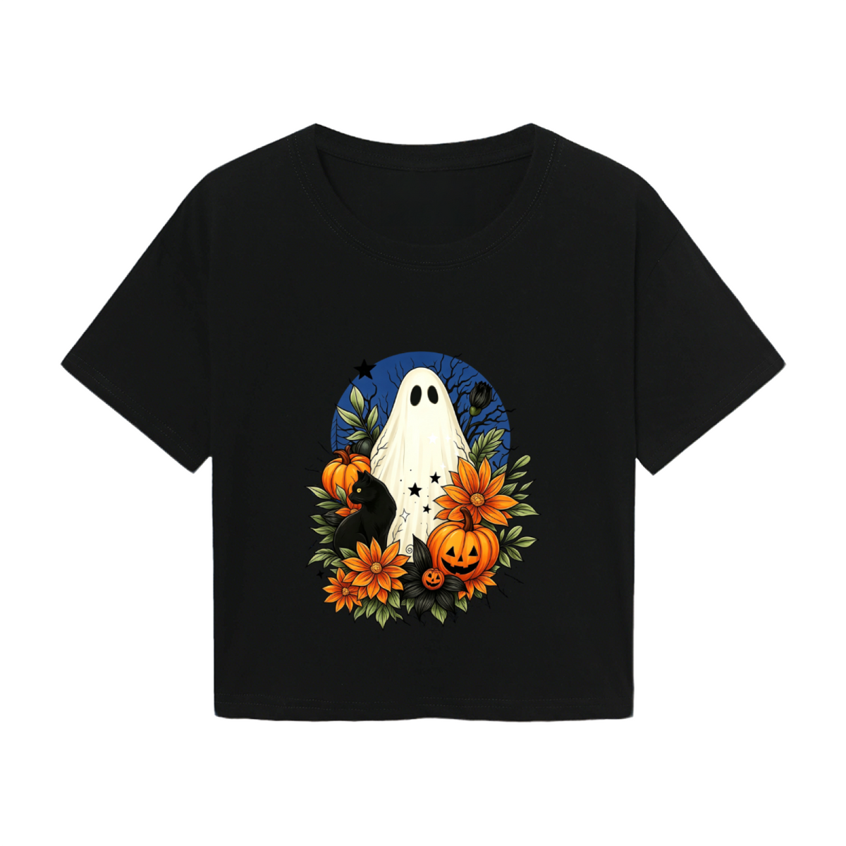 Floral Ghost Black Cat Spooky Halloween Cropped T?Shirt
