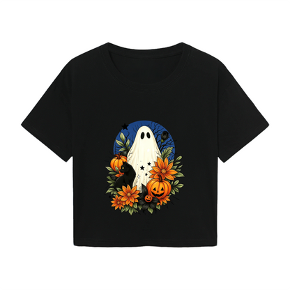 Floral Ghost Black Cat Spooky Halloween Cropped T?Shirt