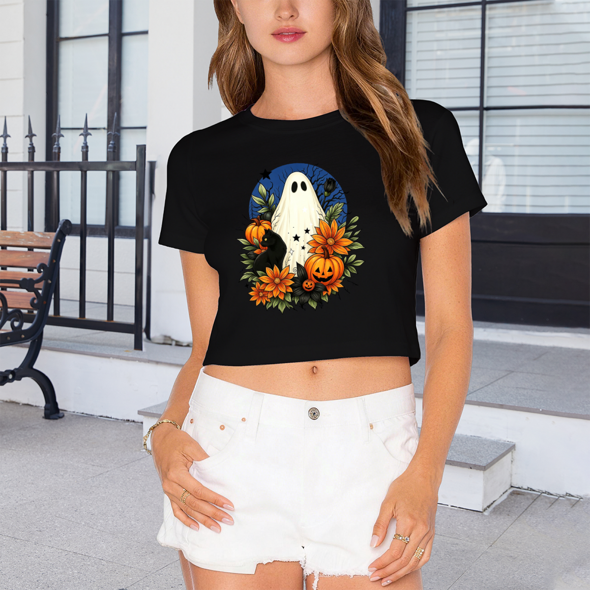 Floral Ghost Black Cat Spooky Halloween Cropped T?Shirt