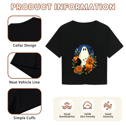 Floral Ghost Black Cat Spooky Halloween Cropped T?Shirt