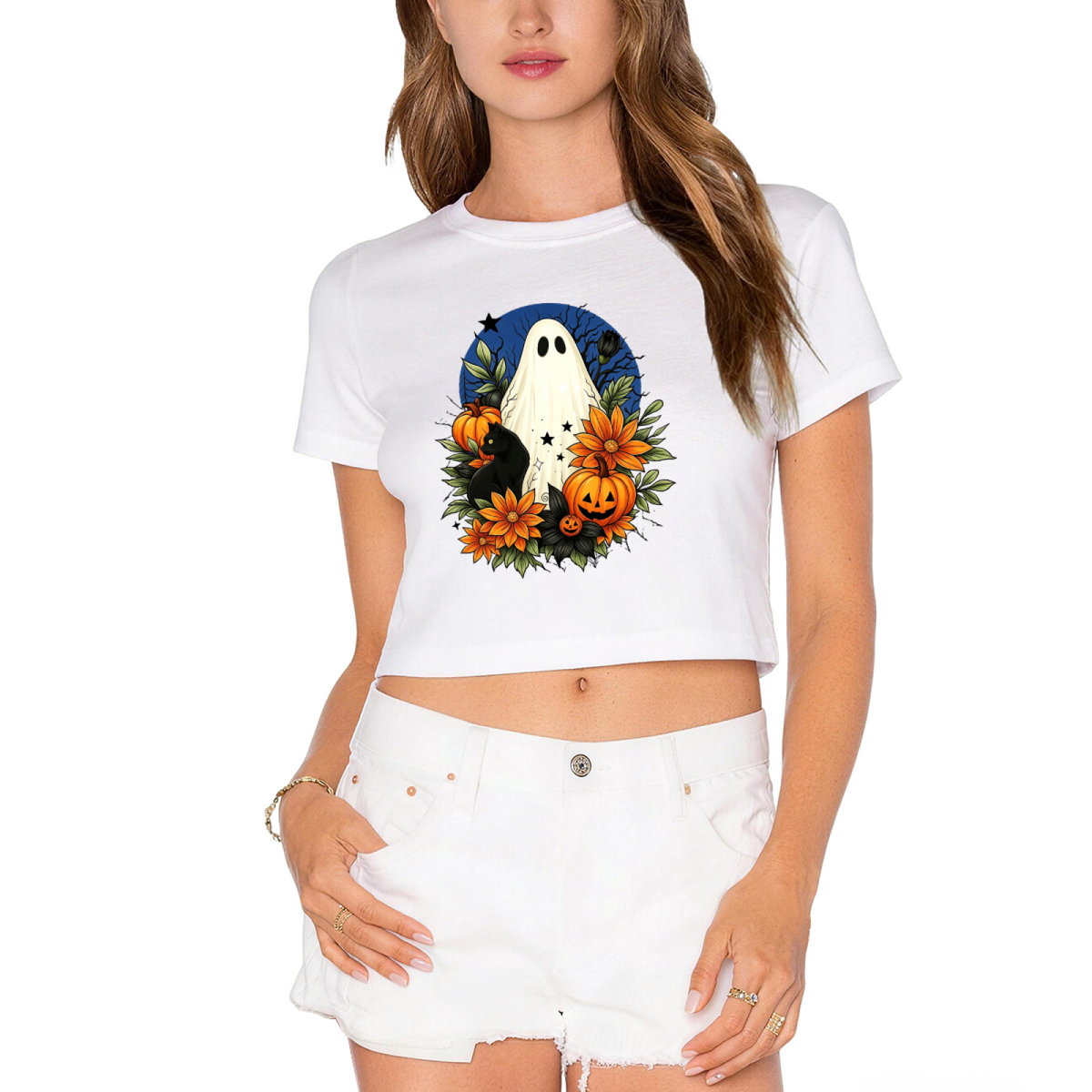 Floral Ghost Black Cat Spooky Halloween Cropped T?Shirt