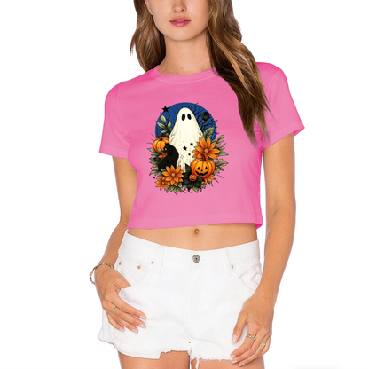 Floral Ghost Black Cat Spooky Halloween Cropped T?Shirt