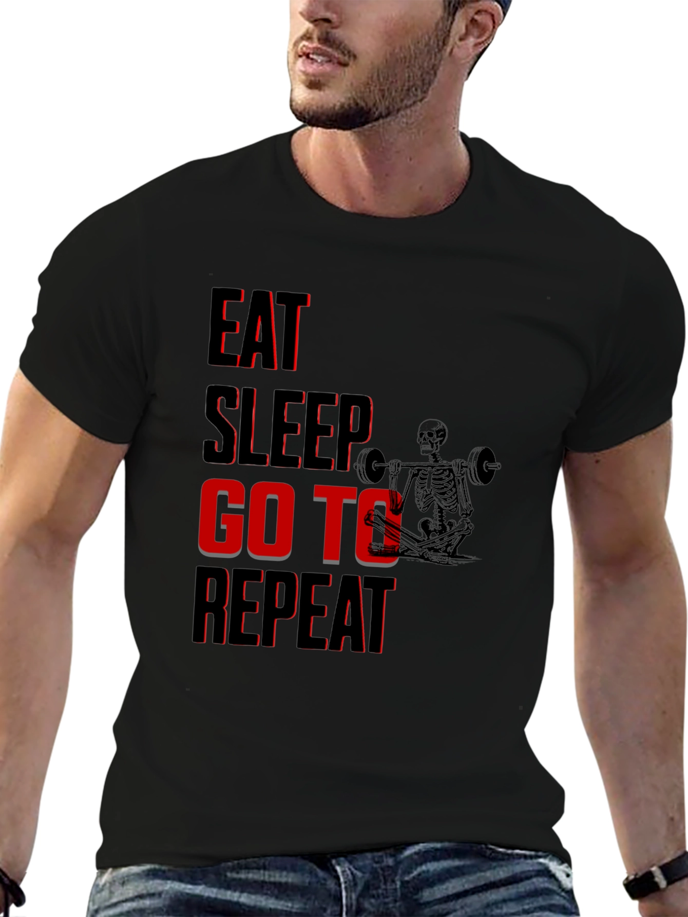 Eat Sleep Go To Gym Repeat Black Graphic Tee