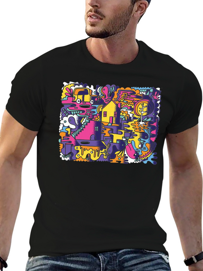 Abstract Doodle Graphic Tee - Black Cotton T-Shirt