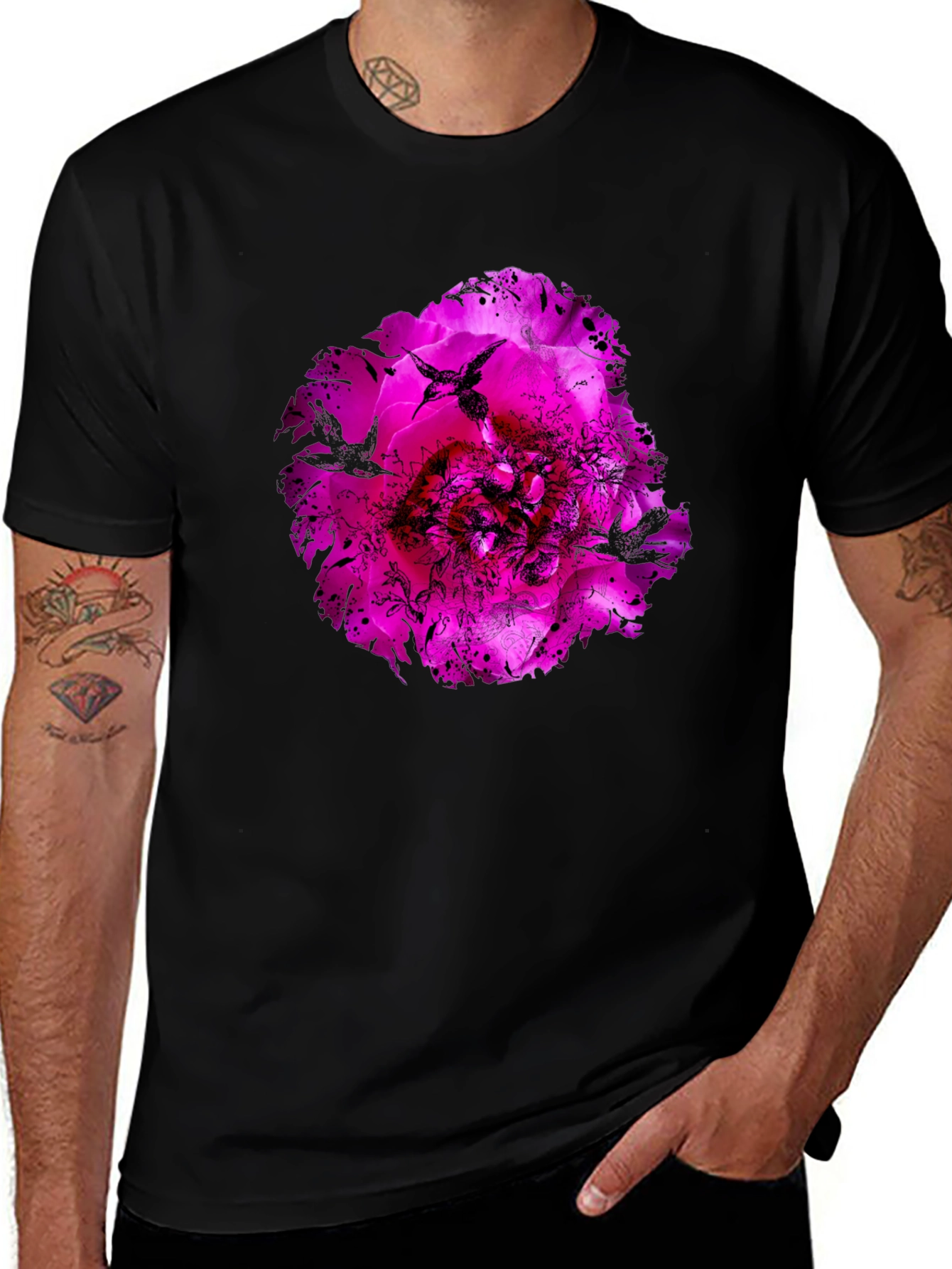 Floral Hummingbird Graphic Black T-Shirt