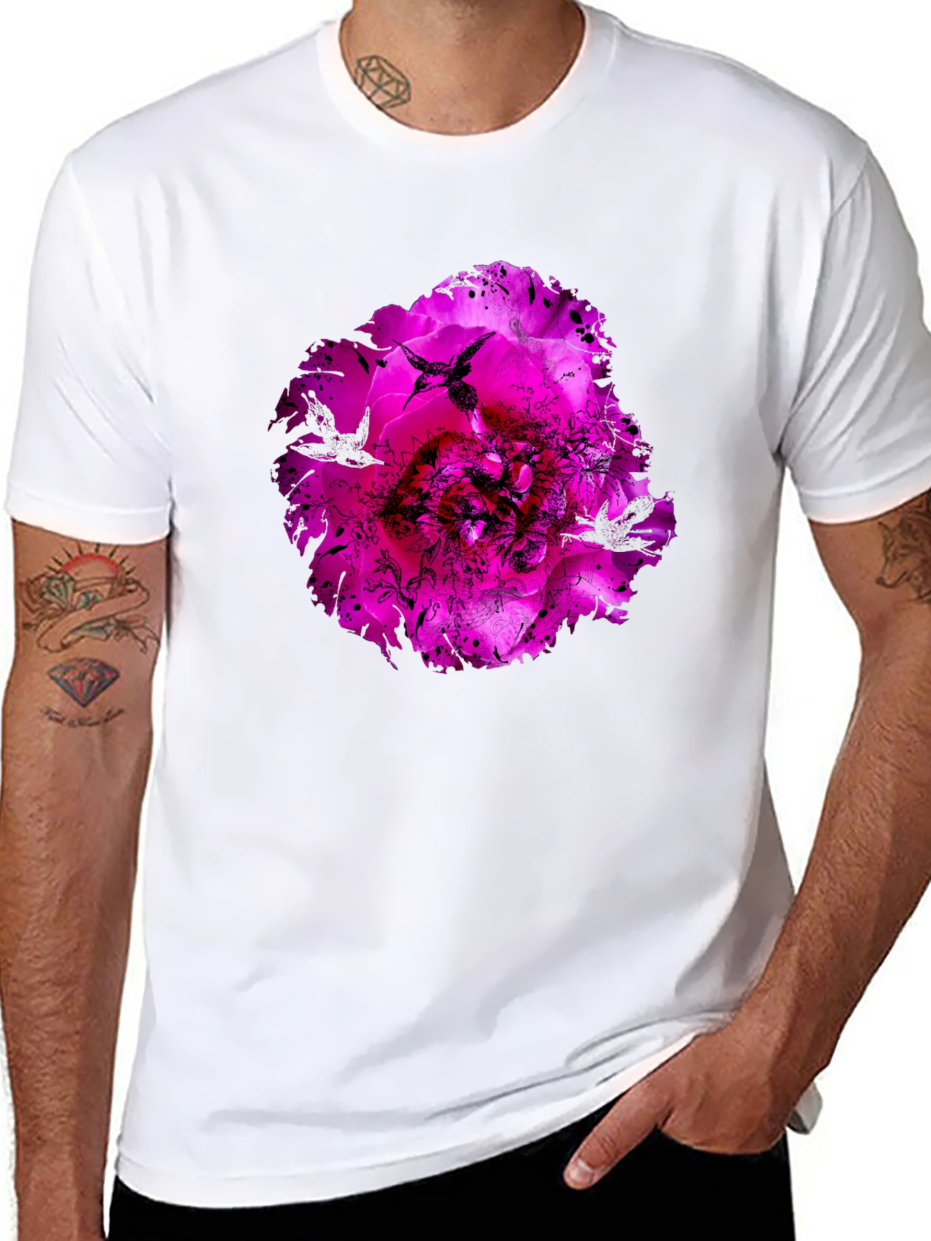 Floral Hummingbird Graphic Black T-Shirt