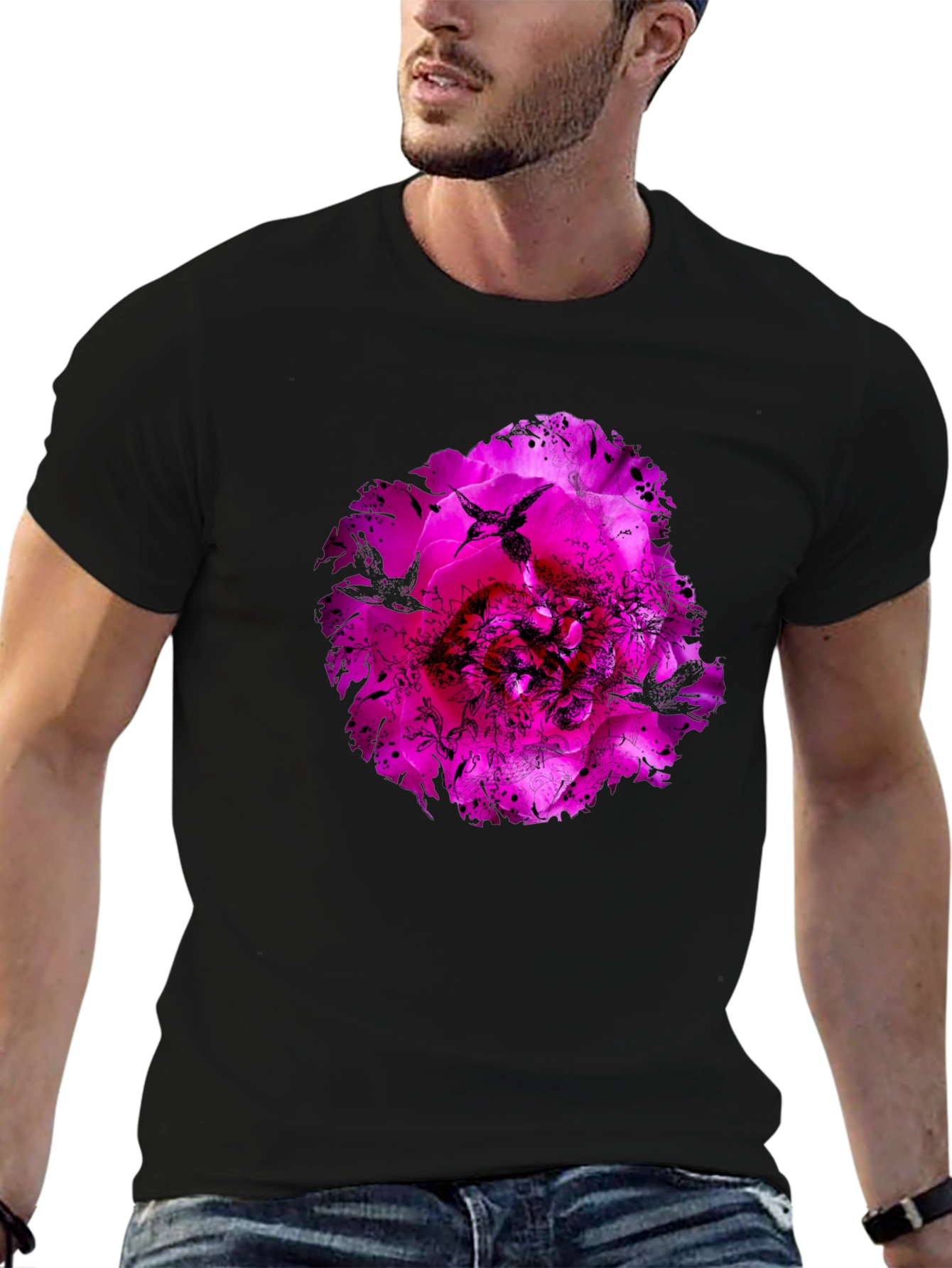 Floral Hummingbird Graphic Black T-Shirt
