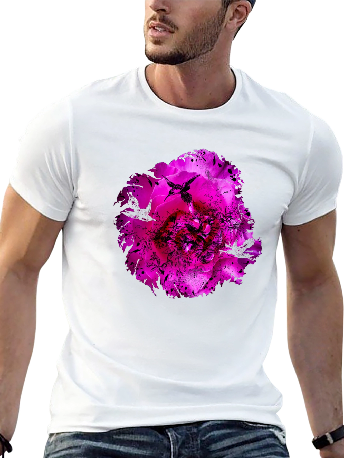 Floral Hummingbird Graphic Black T-Shirt