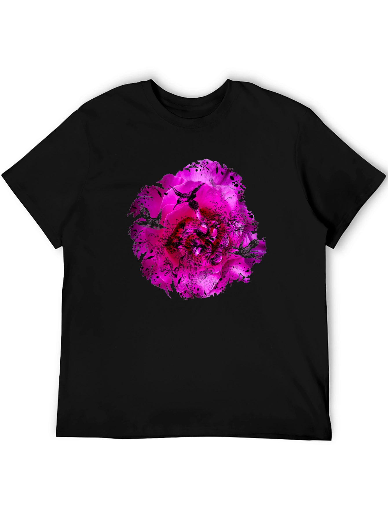 Floral Hummingbird Graphic Black T-Shirt