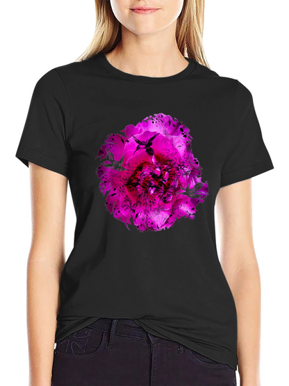 Floral Hummingbird Graphic Black T-Shirt
