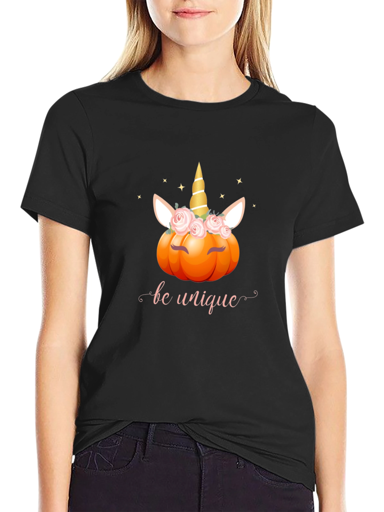 Unicorn Pumpkin Be Unique Black T-Shirt