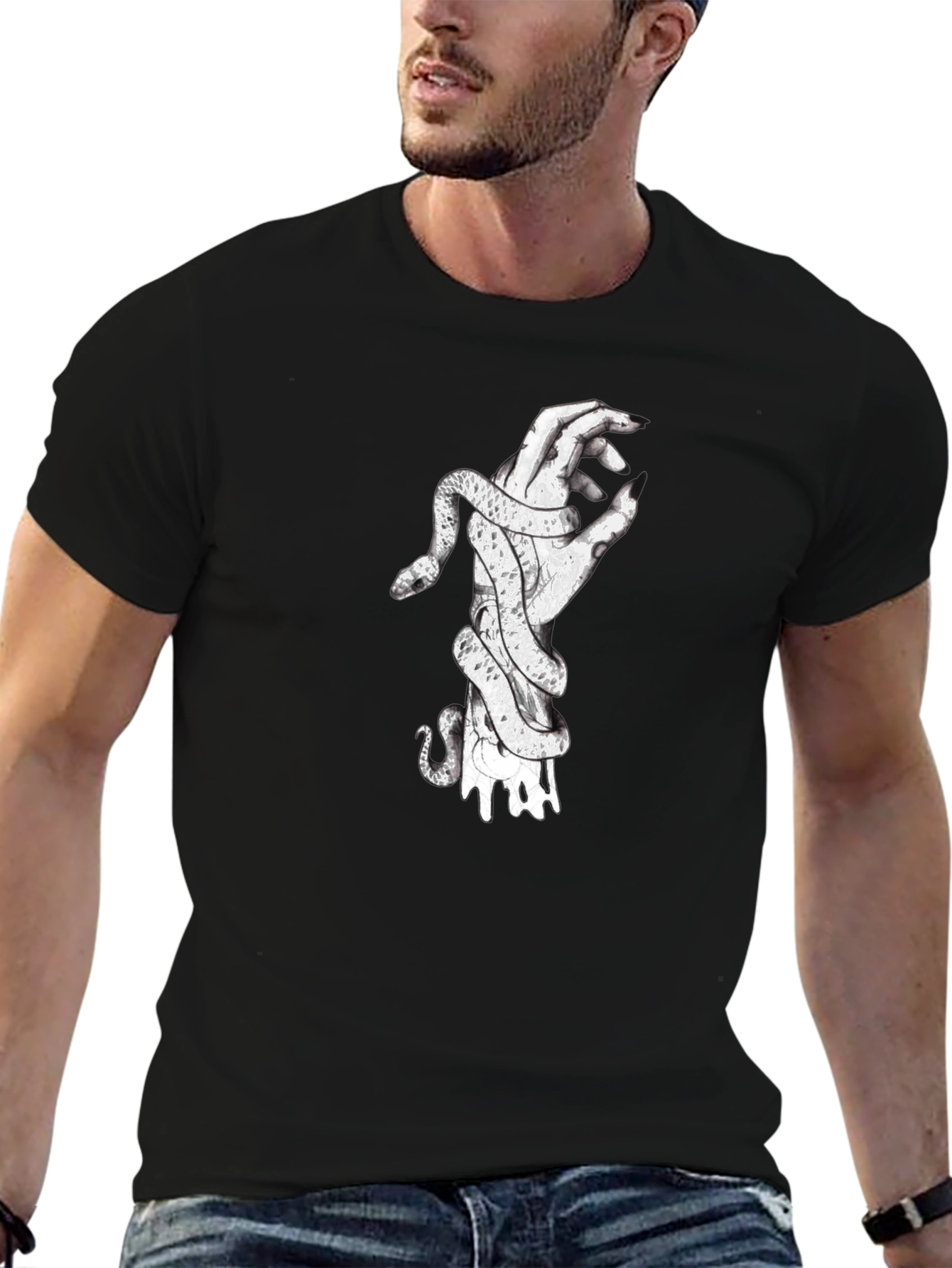 Snake Wrapped Around Hand Graphic Tee - Black