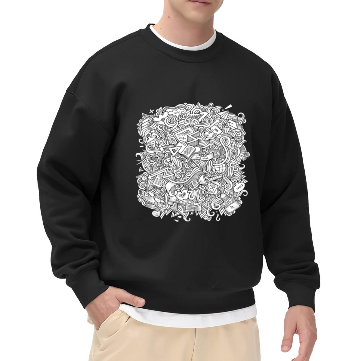 School Doodle Sweatshirt - Cute Back to School Stationery Crewneck, Hand Drawn Classroom Pattern Pullover, Student Gift Sweatshirt, Study Vibes Top