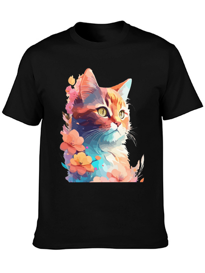 Floral Cat Graphic T-Shirt - Stylish Mens Tee