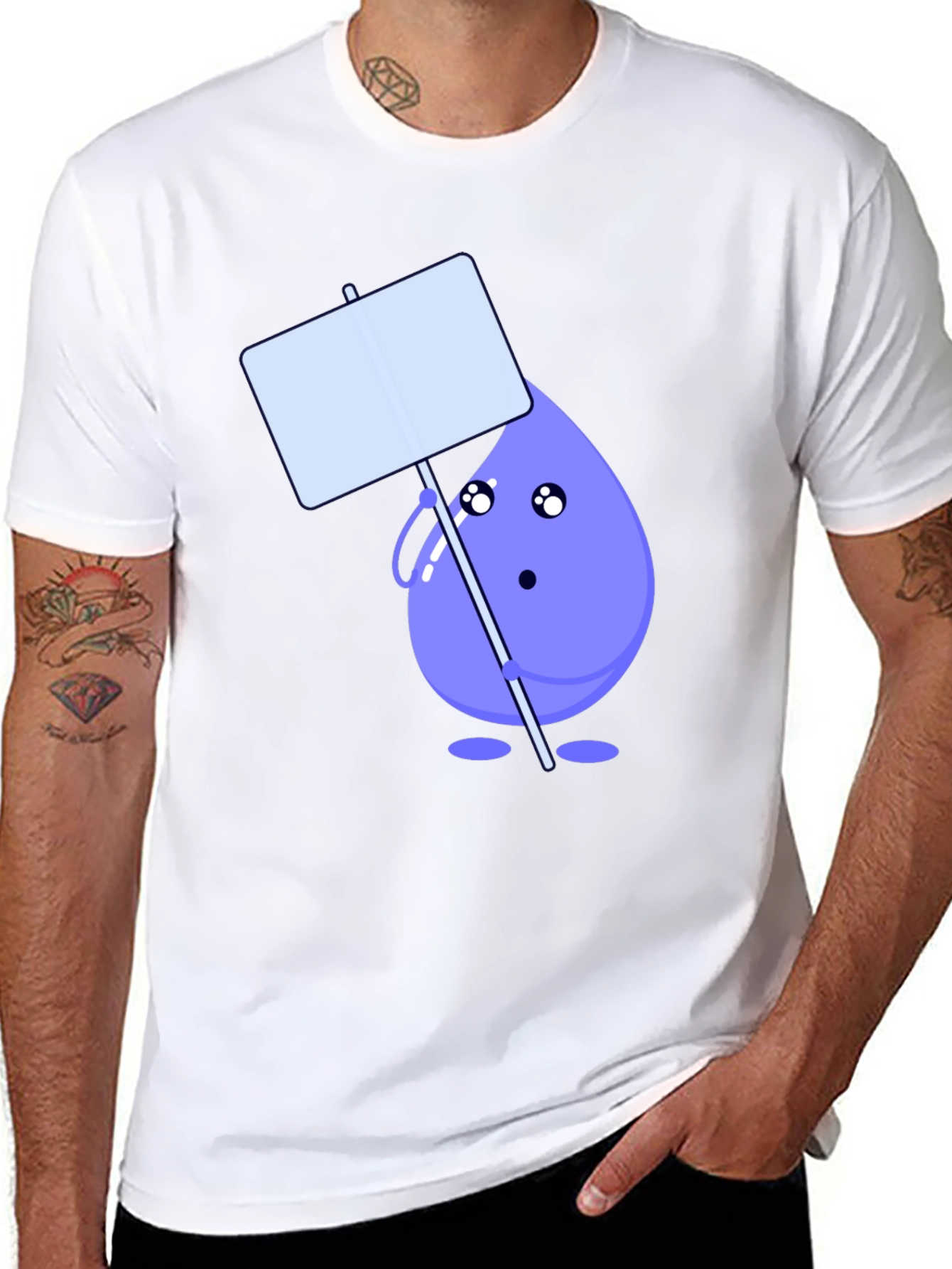 Cute Water Drop Holding Sign Black T-Shirt