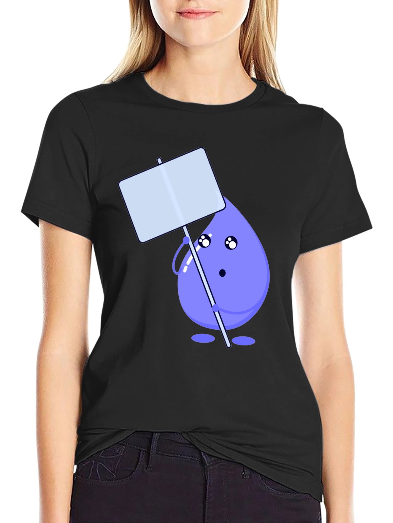 Cute Water Drop Holding Sign Black T-Shirt