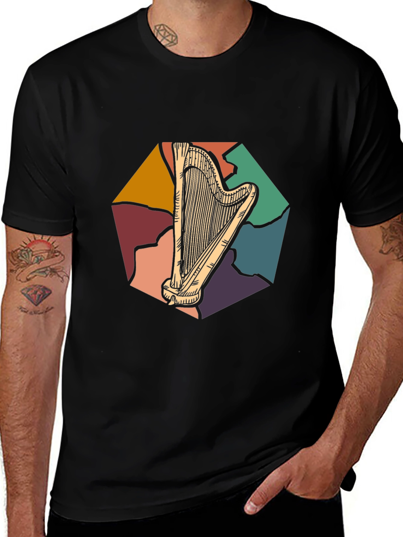 Retro Harp Graphic Tee - Classic Musician T-Shirt