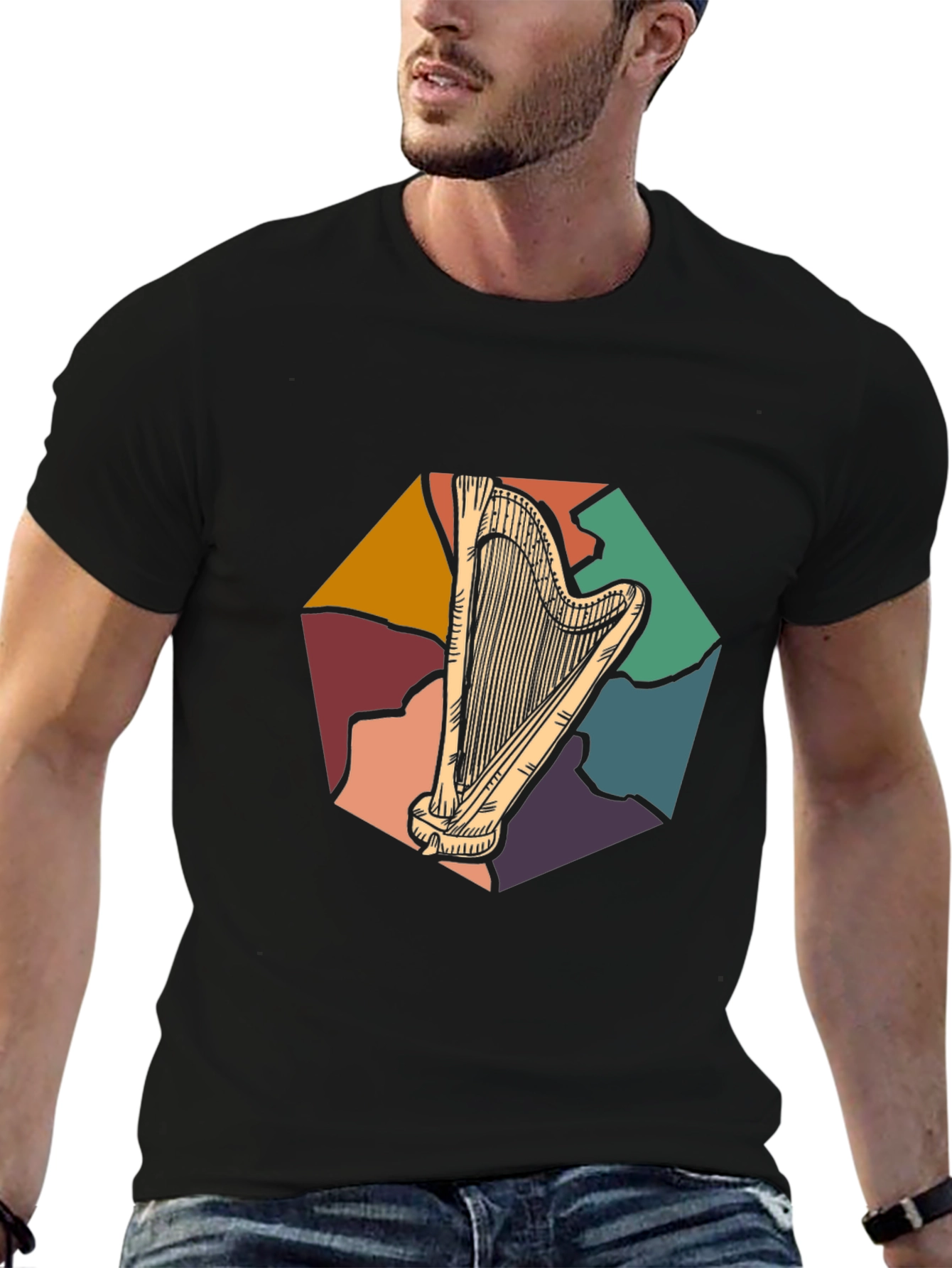 Retro Harp Graphic Tee - Classic Musician T-Shirt