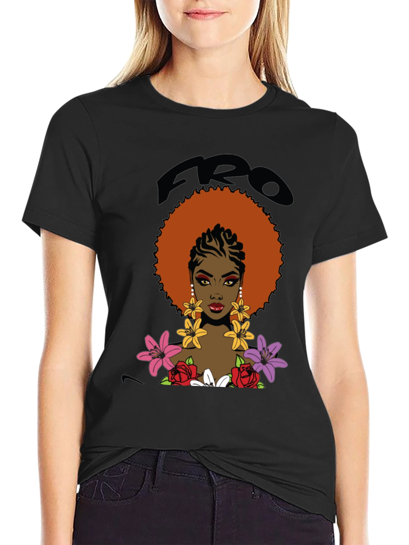 Afro Queen Graphic Tee - Bold Black Cotton T-Shirt