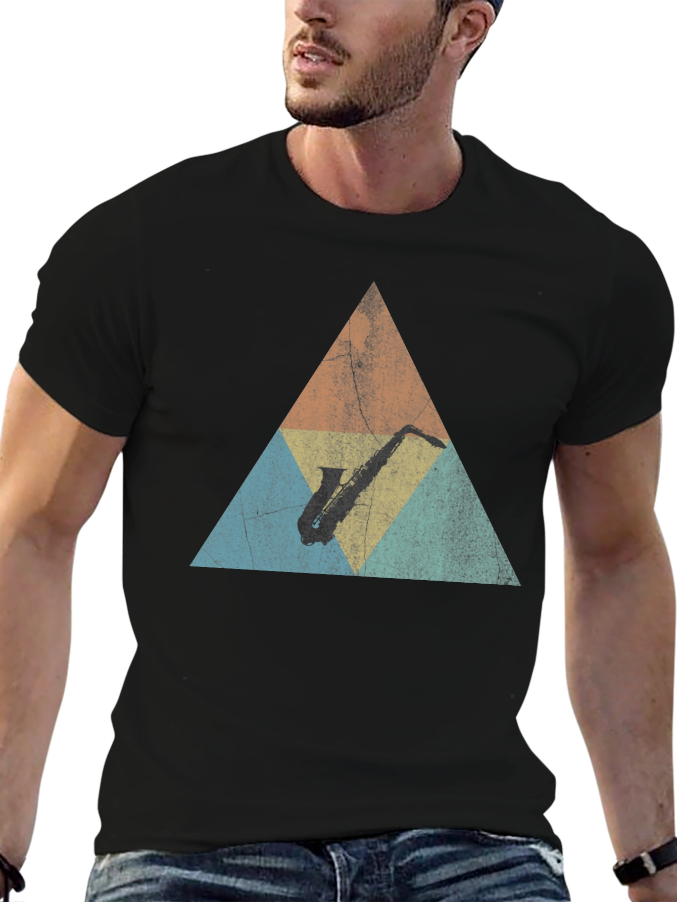 Retro Saxophone Triangle Graphic T-Shirt