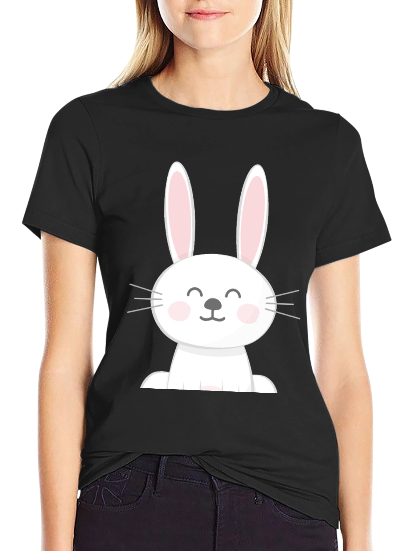 Cute Easter Bunny Graphic Tee - Black Cotton Blend
