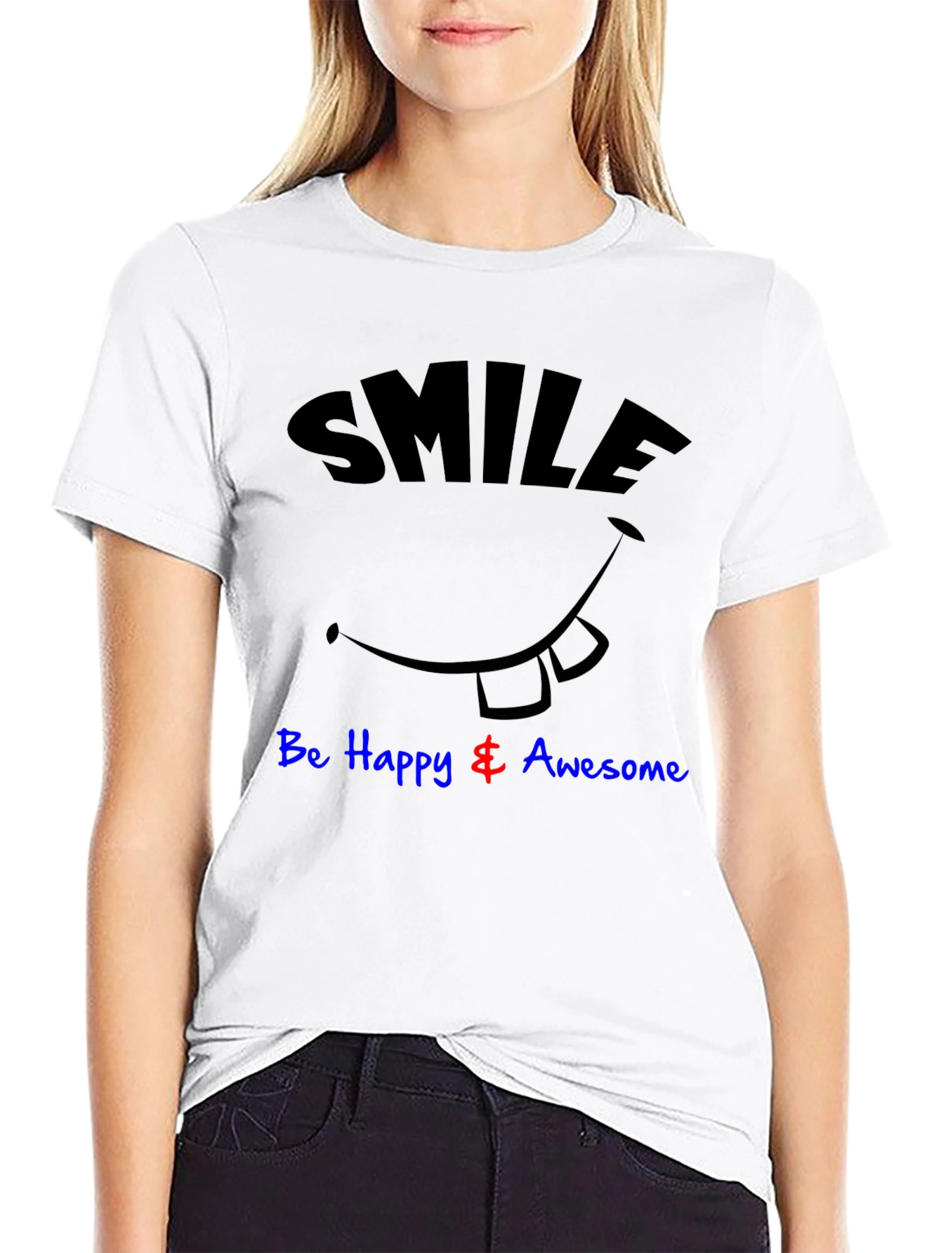 Smile Be Happy & Awesome Black Graphic T-Shirt