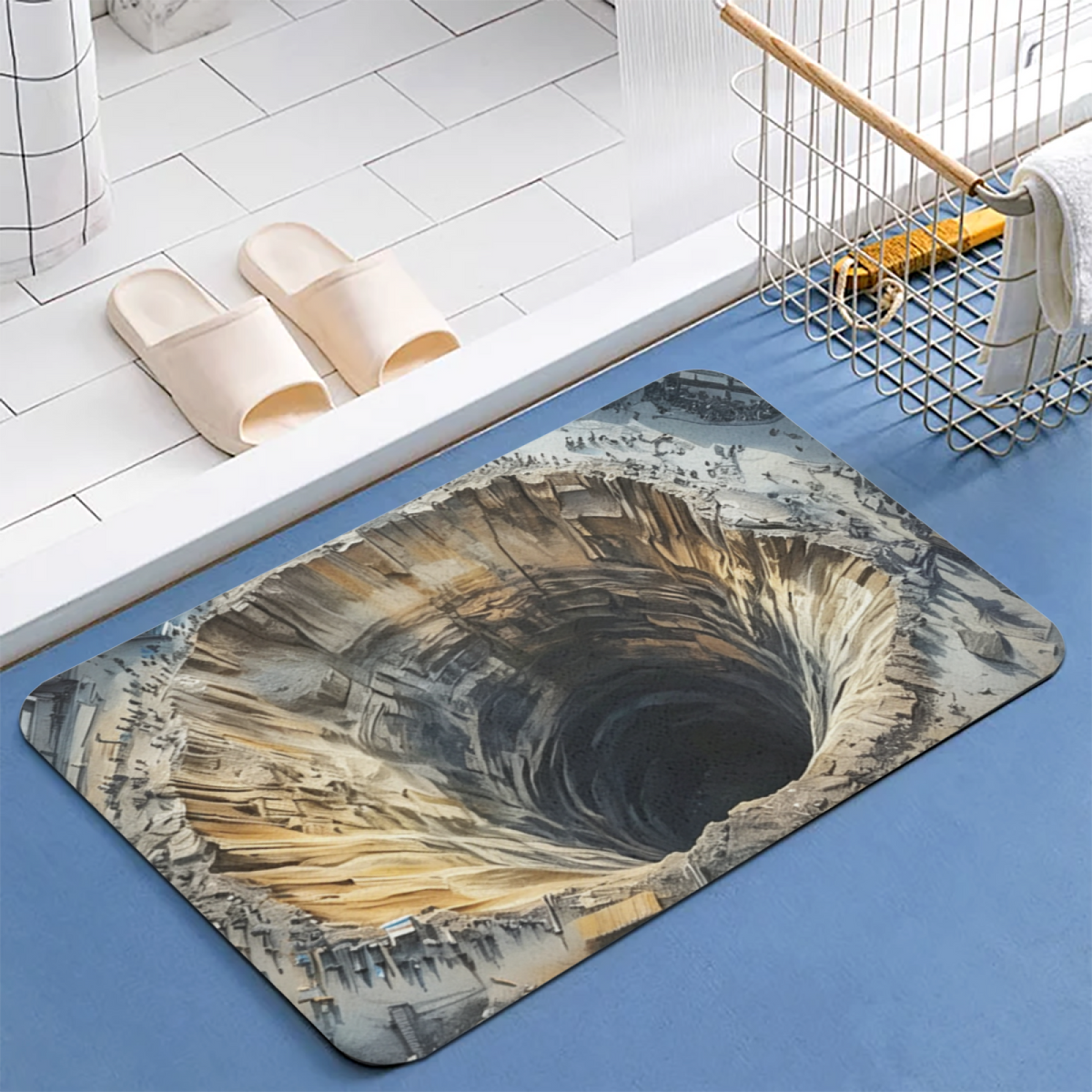 3D Abyss Cave Illusion£ü3D Optical Illusion Deep Cave Diatomite Mat, Creative Visual Effect Absorbent Bathroom Floor Mat