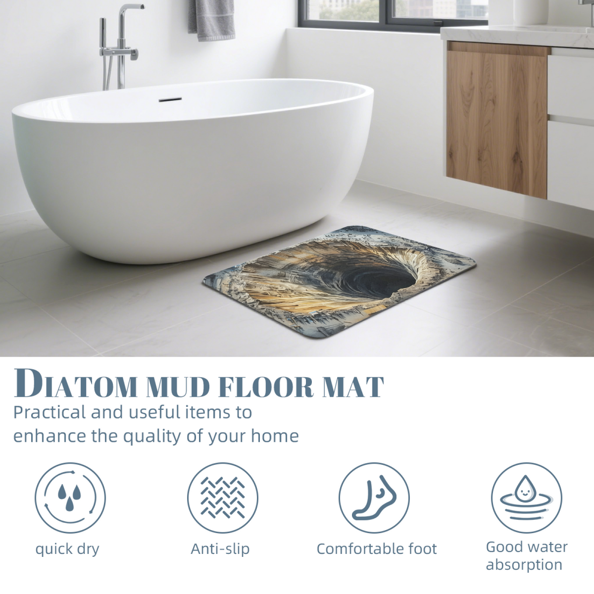 3D Abyss Cave Illusion£ü3D Optical Illusion Deep Cave Diatomite Mat, Creative Visual Effect Absorbent Bathroom Floor Mat